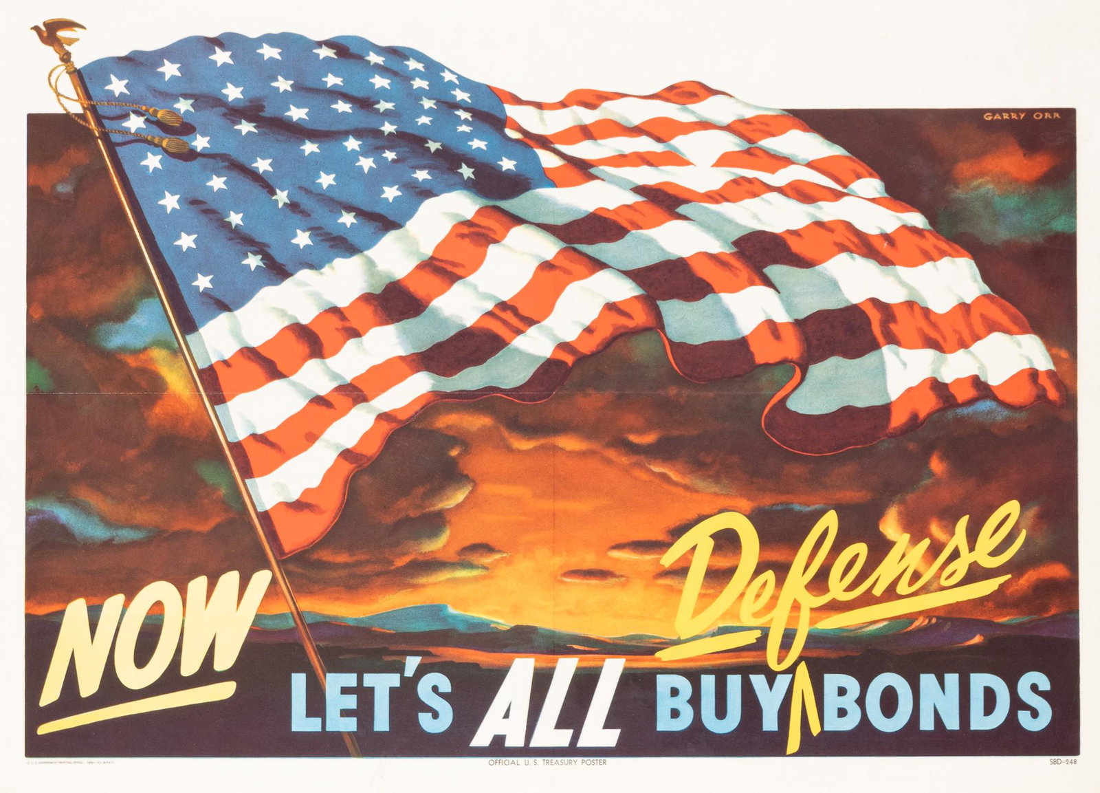 NOW LET'S ALL BUY DEFENSE BONDS WWII POSTER: Original print 'Now Let's All Buy Defense Bonds Poster. Artwork by Garry Orr. U.S. Government Printing Office, 1950-O-90410. Mailing folds, 26 x 18.75 inches.