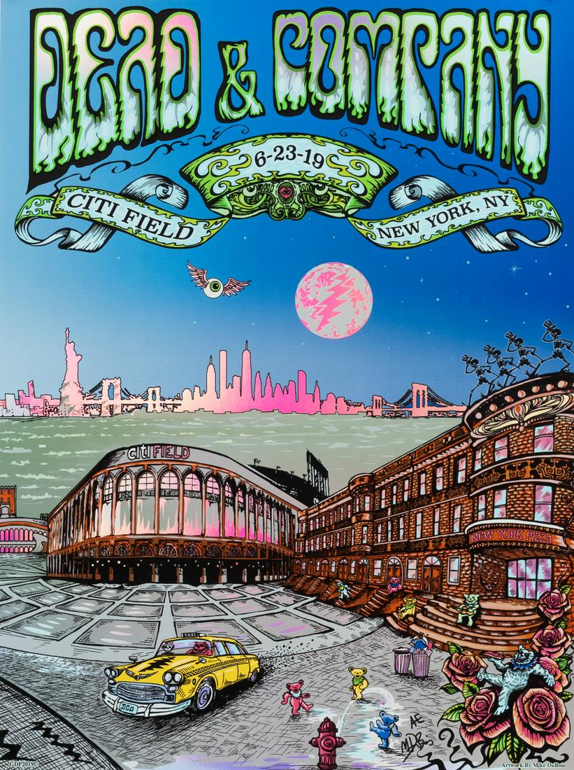 DEAD AND COMPANY GRATEFUL DEAD POSTER MIKE DUBOIS: Merch table tour poster from the Dead and Company's 2019 tour, for the show at Citi Field in New York City on June 23, 2019, artwork by Mike DuBois, rainbow foil overlay, 24 x 18 inches. Very good.