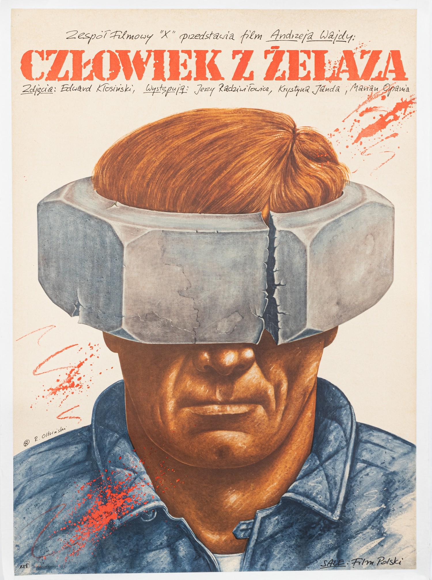 CZLOWIEK Z ZELAZA POSTER: Original print poster for the 1981 film 'Czlowiek Z Zelaza' ('Man of Iron'). Directed by Andrzej Wajda and staring Jerzy Radziwilowicz and Krystyna Janda, Artwork by Rafal Olbinski (b. 1943). Linen ba