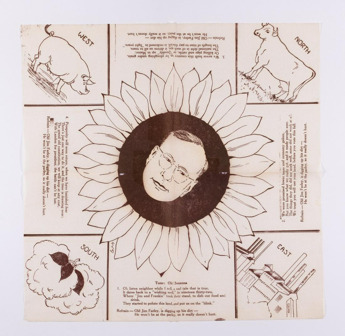ALFRED LANDON 1936 POLITICAL CAMPAIGN NAPKIN: Paper napkin promoting Alfred Landon (1887-1987) for president in 1936. Landon was an American oilman and politician who served as the 26th governor of Kansas from 1933 to 1937. A member of the Republ