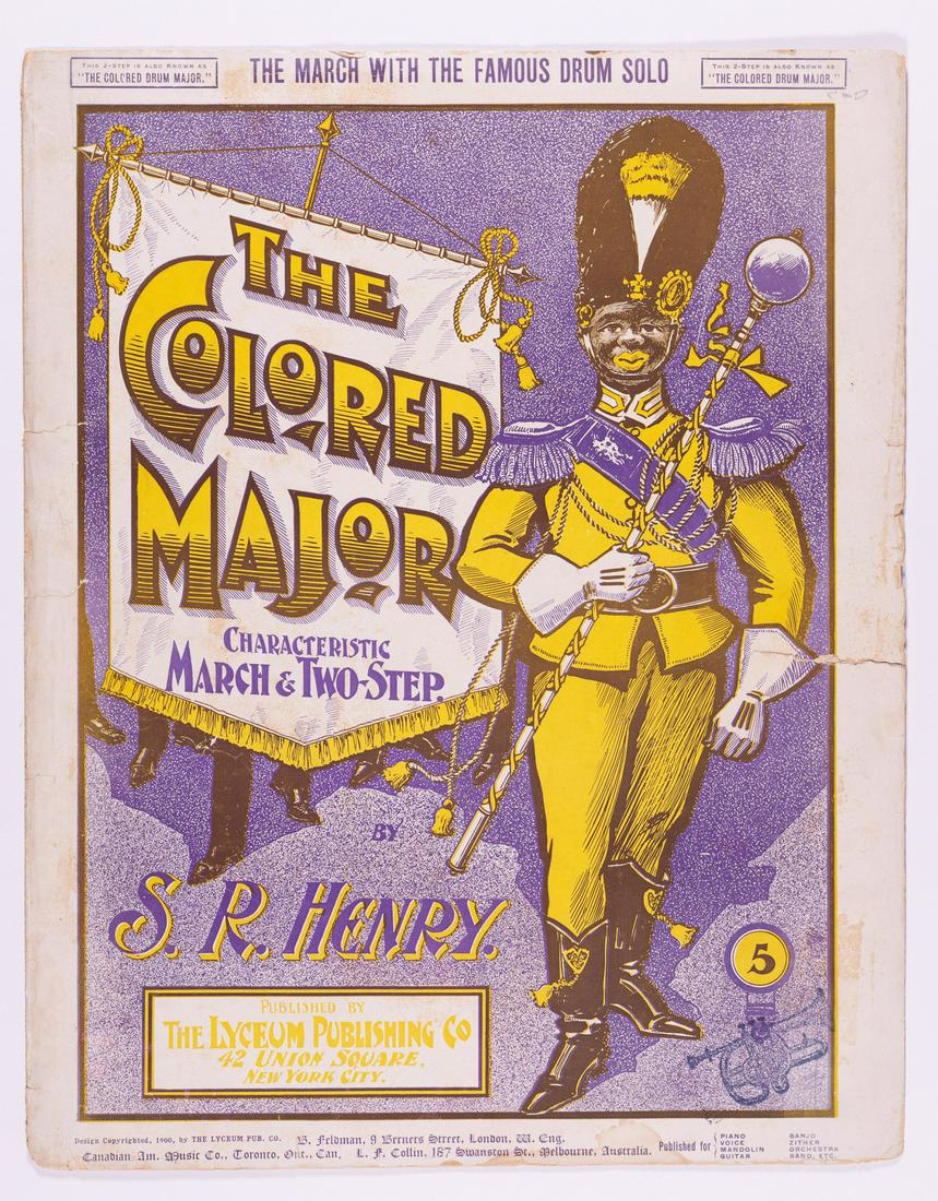 THE COLORED MAJOR BLACK AMERICANA MUSIC SHEET: Original black Americana music sheet 'The Colored Major', by S.R. Henry. Published by The Lyceum Publishing Co., 1900. 2 inch split along right edge, page three right edge missing, small split on bind