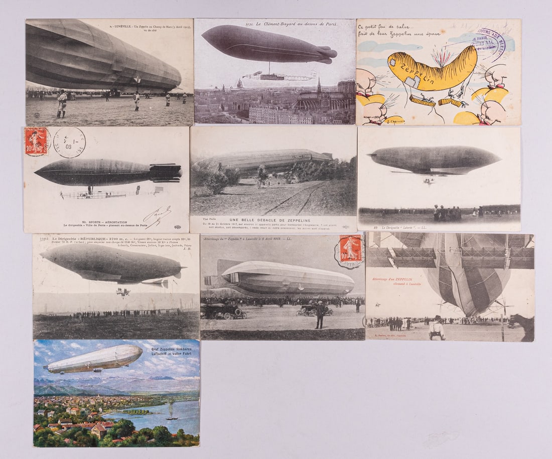 10 EUROPEAN ZEPPELIN POSTCARDS: Ten Zeppelin postcards, mostly French Ca. 1910's. Most postcards are postally used and have inscriptions on verso. Images include a Grau Zeppelin, a crashed zeppelin, and a Zeppelin flying over Paris.