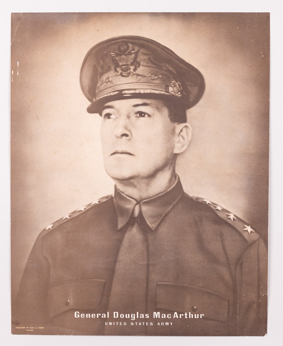 GENERAL DOUGLAS MACARTHUR POSTER: (1880-1964) Poster of 'General Douglas MacArthur United States Army'. Published by Max A. Stern, Chicago. Crease in the top left corner, small crease in the bottom right corner, small tear in the bott