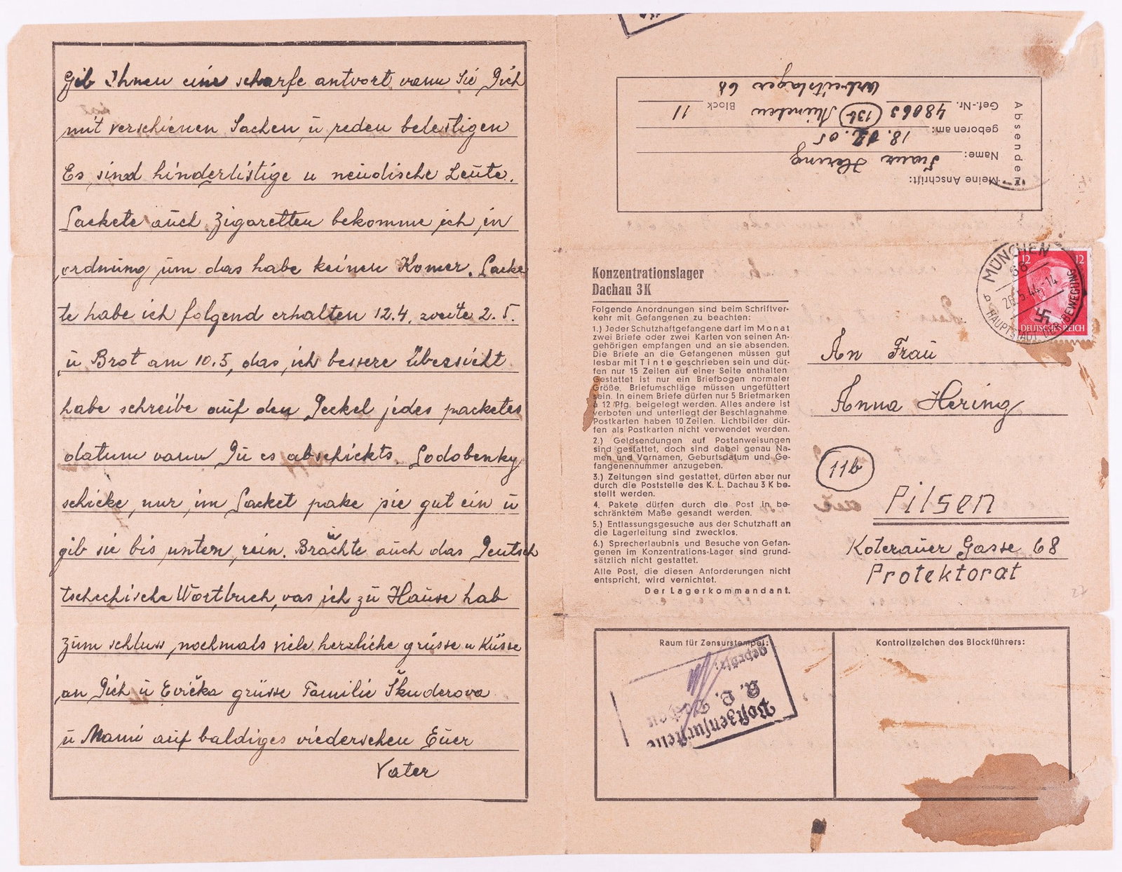 DACHAU CONCENTRATION CAMP LETTER: Letter from an inmate by the name Franz Hering, born 18.12.1905, on KZ Dachau concentration camp official letterhead, dated 21.5.1944, prisoner number 48063, incarcerated in Munich at work camp 68, bl