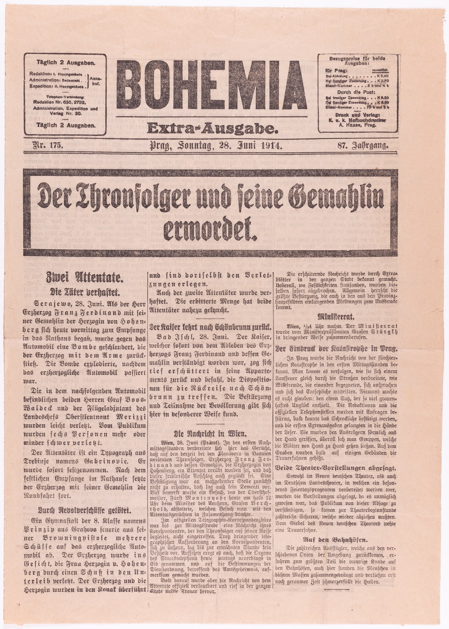 1914 BOHEMIA NEWSPAPER FERDINAND KILLED START OF WWI: German newspaper Bohemia issue June 28th,1914 that features information about the assassination of Archduke Franz Ferdinand (1863-1914) whose death led to Austria-Hungary and Serbia declaring war, spa