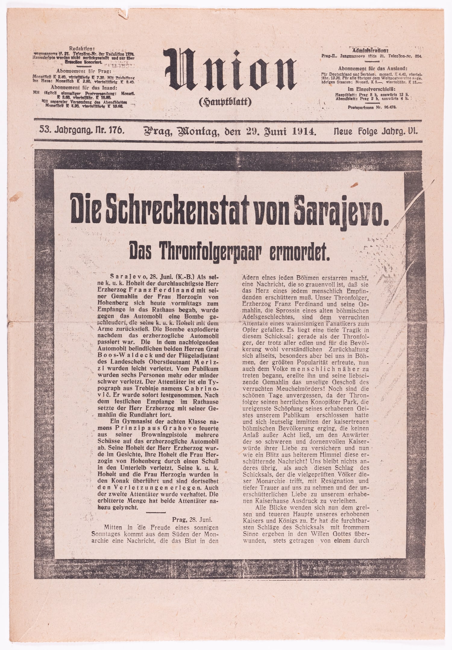 1914 CZECH NEWSPAPER ARCHDUKE MURDERD START OF WWI: 1914 German newspaper titled 'Union'. The issue was published on June 29, 1914 and has information about the assassination of Archduke Franz Ferdinand (1863-1914) whose death led to Austria-Hungary an