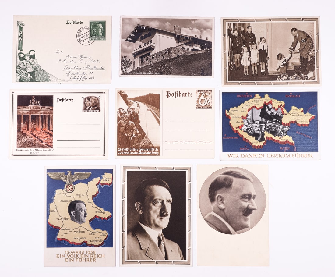 9 ADOLF HITLER POSTCARDS: Nine Adolf Hitler post cards, some postally used. Images feature Adolf Hitler breaking ground on the Autobahn, a Nazi rally in Berlin at the Brandenburg Gate, and a photograph of the Berghof in Bercht