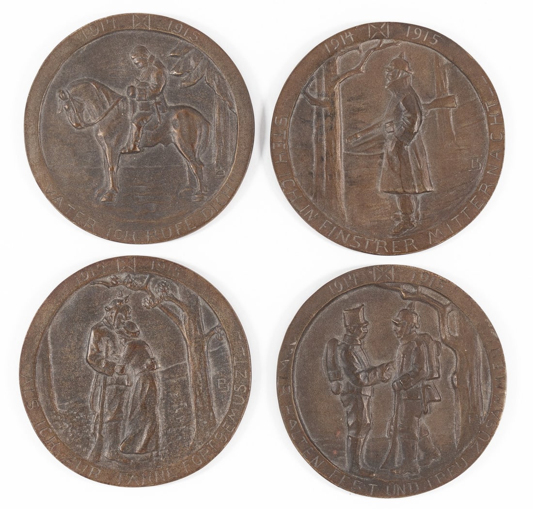 FOUR WWI GERMAN MEDALLIONS: Set of four WWI German cast iron medallions, engraved on edge 'When I Went to the Flag', 'Am I Standing in a Dark Night', 'Father I Call You', and 'We Stick Together Through Thick and Thin', designed 