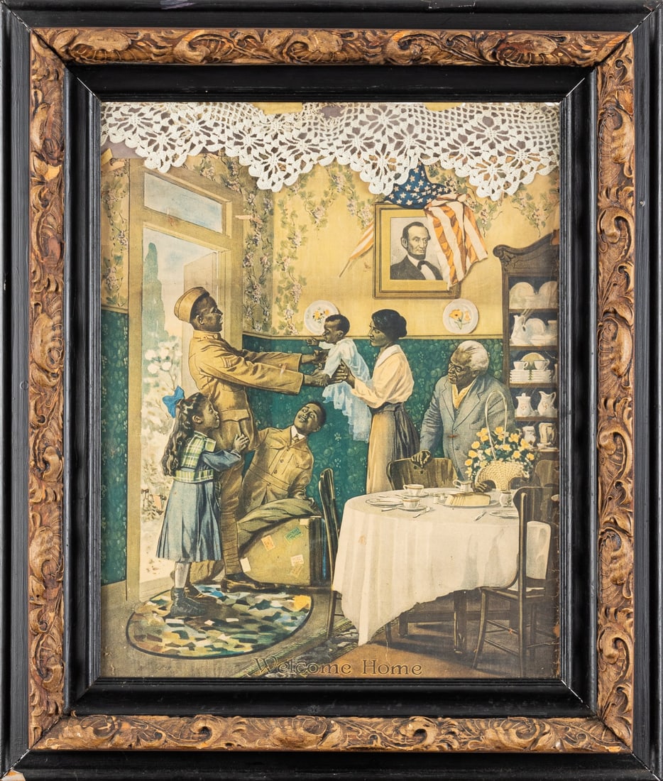COLORED SOLDIER WWI WELCOME HOME POSTER [AFRICAN AMERICANA]: Extremely rare WWI chromolithograph poster titled at bottom 'Welcome Home', scene of an African American soldier coming home to his family, a portrait of Abraham Lincoln portrait and an American flag 