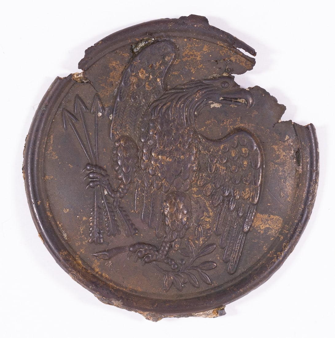 CIVIL WAR U.S. EAGLE BREAST PLATE GROUND DUG: Original Civil War union breast plate in ground dug condition. Recovered at Atlanta, Georgia battlefield site. Case included, missing lead fill and hooks. Back filled with epoxy like substance for sta