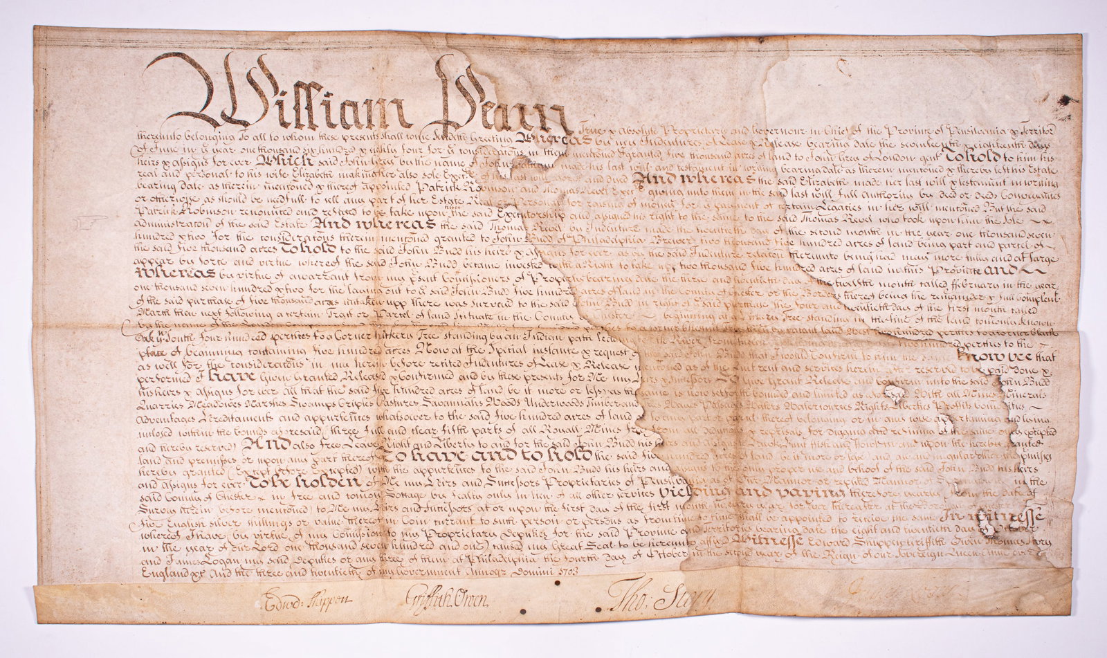 JAMES LOGAN [WILLIAM PENN]: (1674-1751) William Penn's secretary who later served in several offices including the provincial council and Mayor of Philadelphia (1722), where he allowed the first Catholic mass to be held. Later s