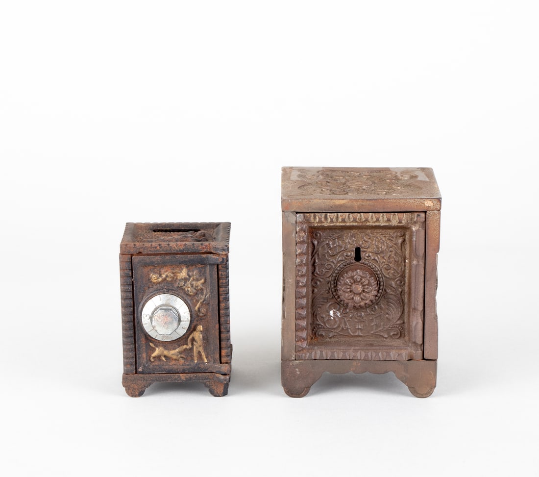 TWO CAST IRON SAFE BANKS ONE J & E STEVENS: Two cast iron bank safes. Key combination safe, Pat Aug 17, 1897, J & E Stevens Co, Cromwell, Conn, U.S.A. With a second cast iron combination safe, unmarked.