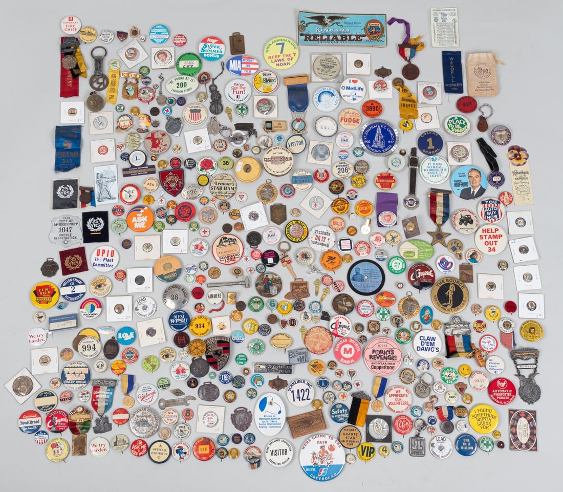 HUGE MIX OF BUTTONS AND PINS: Huge assortment buttons and pins of advertising, corporate, and everything in between. Uncounted.