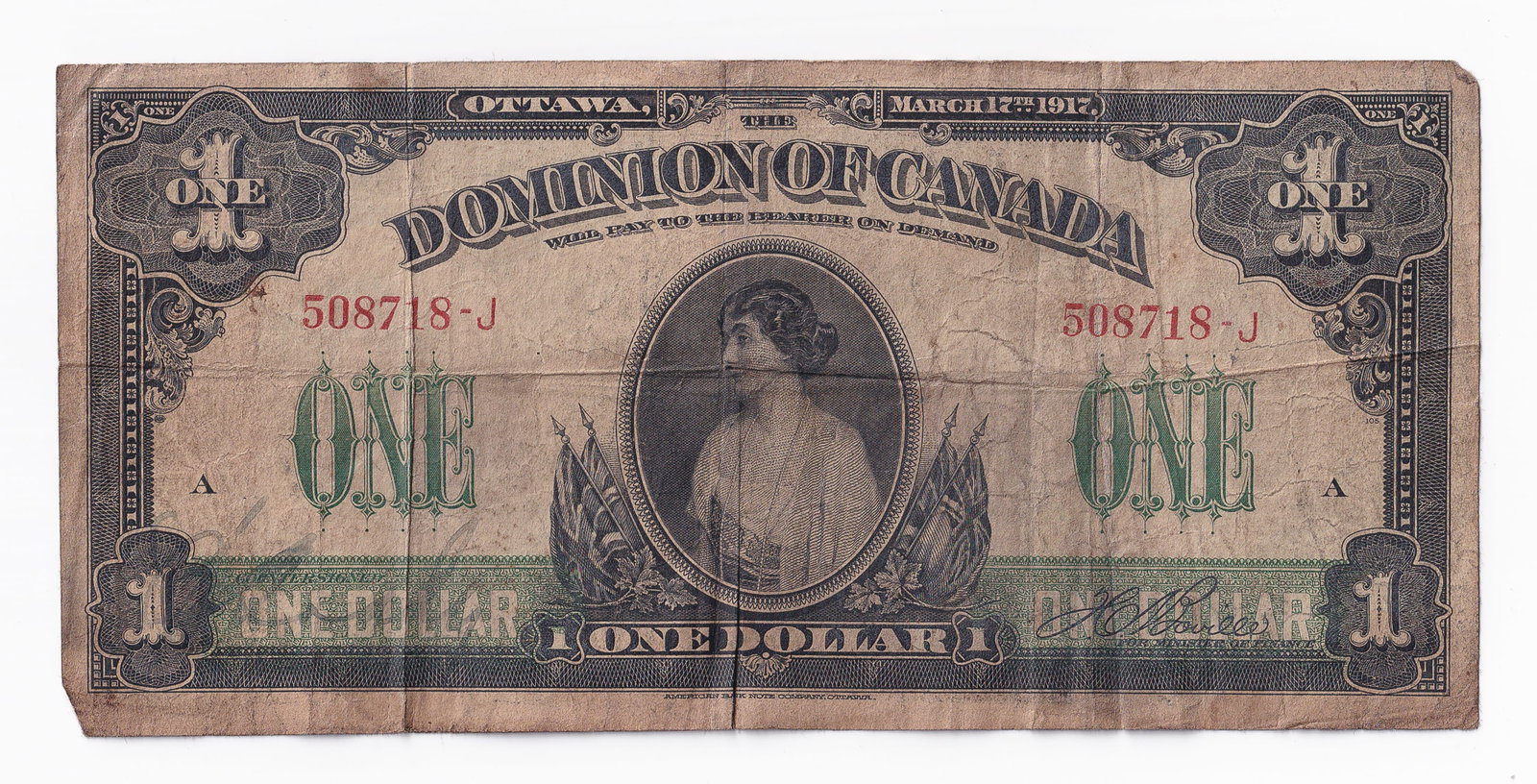 1917 DOMINION OF CANADA 1 DOLLAR: 1917 Dominion of Canada One Dollar bill.