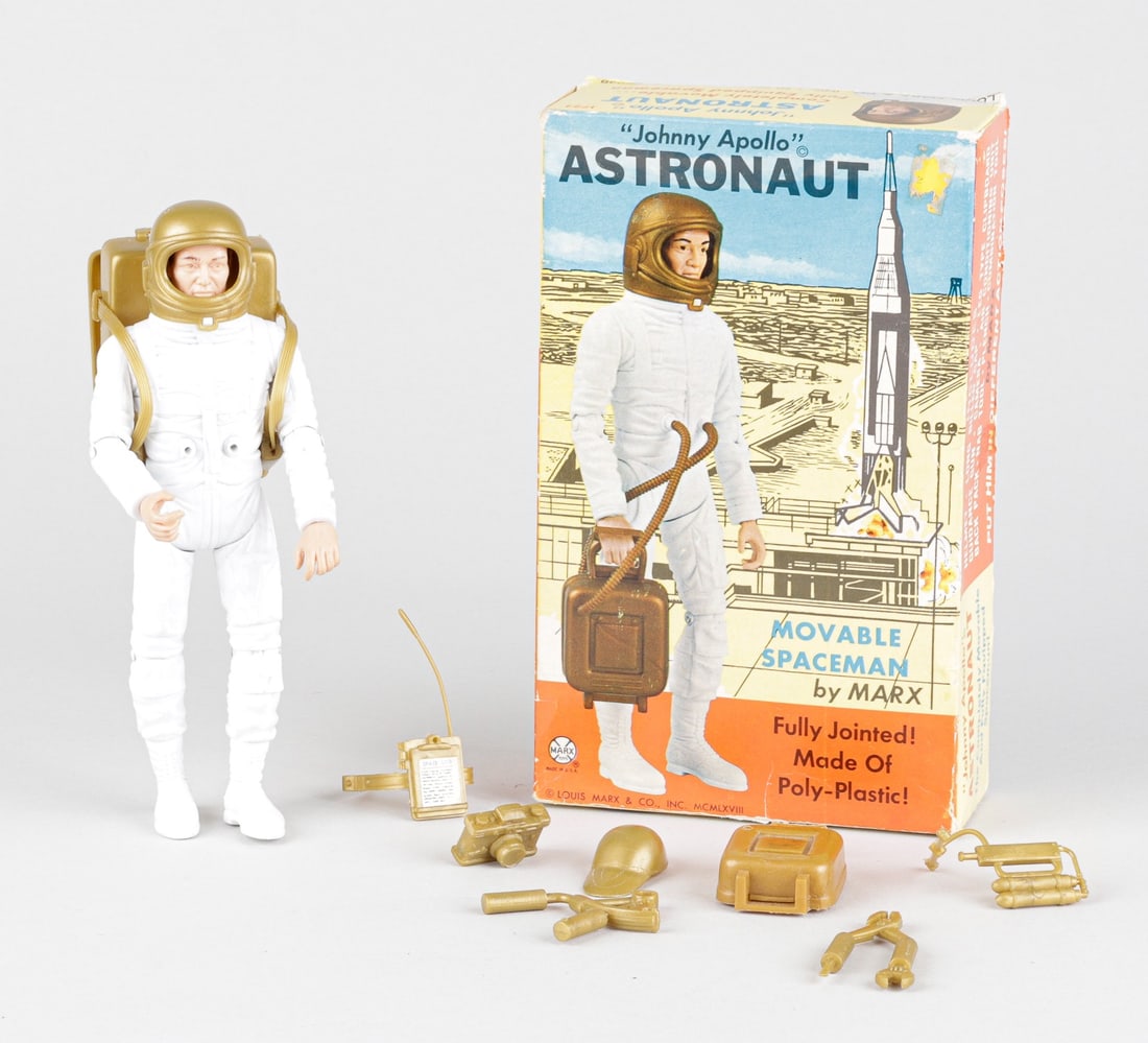 MARX JOHNNY APOLLO ASTRONAUT FIGURE WITH BOX: Marx Johnny Apollo Astronaut Figure. With accessories and original box. 8.5 inches tall.