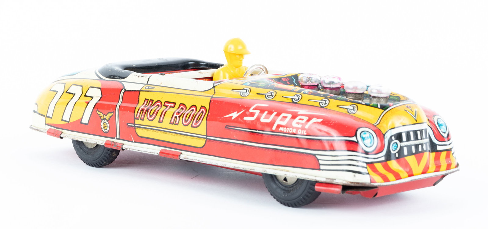 MARX SUPER HOT ROD TIN FRICTION TOY CAR: Marx Super Hot Rod #777 Lumar Special friction and battery, friction works, lightbulbs not lighting up, missing windshield. 11 inches long.