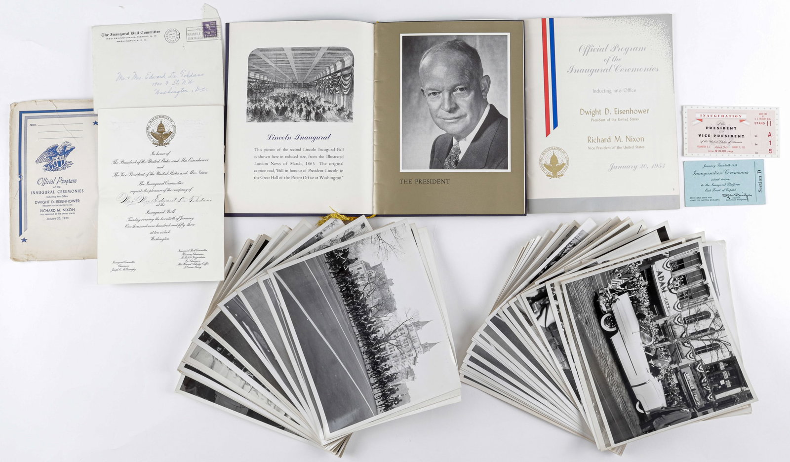 DWIGHT D. EISENHOWER PRESIDENTIAL INAUGURATION 1953 EPHEMERA: Group of ephemera and photographs related to the January 20, 1953 including an invitation to Edward De Toledano for the Inaugural Ball with envelope, two tickets for the ceremonies, the official progr