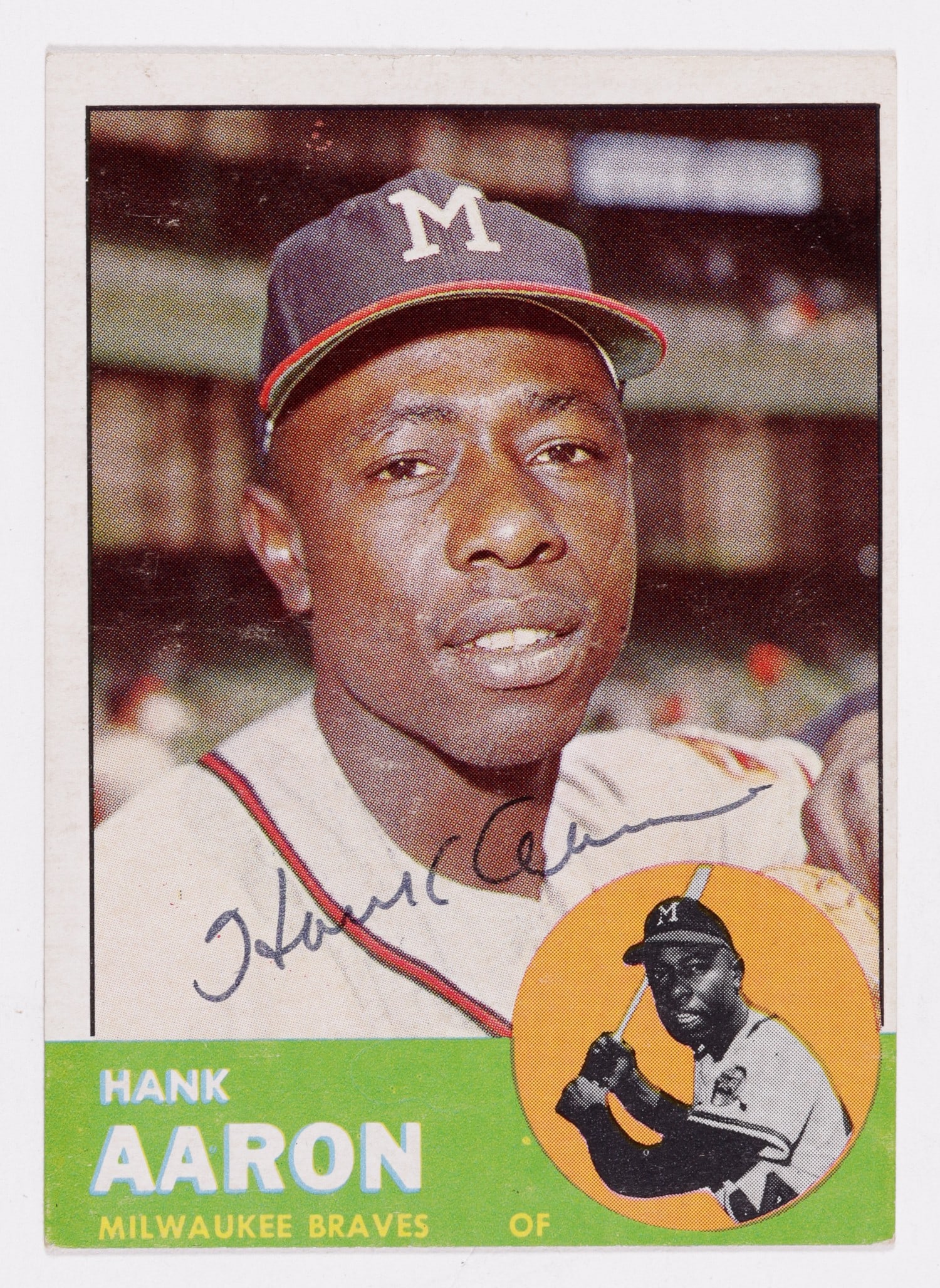 SIGNED HANK AARON BASEBALL CARD: (1934-2021) Autographed Hank Aaron baseball card. Topps 390 card from 1963, Aarons 10th year in the league. Up to 1963, Aaron batted .320 with 298 home runs. Hank Aaron is considered as one of the bes