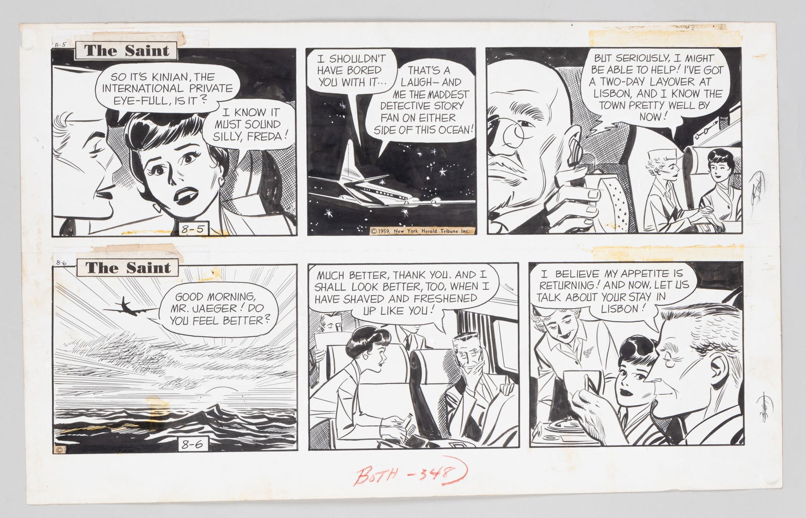 2 ORIGINAL THE SAINT COMIC ART STRIPS BY BOB LUBBERS: Two original comic art strips of 'The Saint' with artwork by Bob Lubbers (1922-2017). 'The Saint' was a daily comic strip published in the 'New York Herald Tribune Syndicate' from 1948-1961. Bob Lubbe