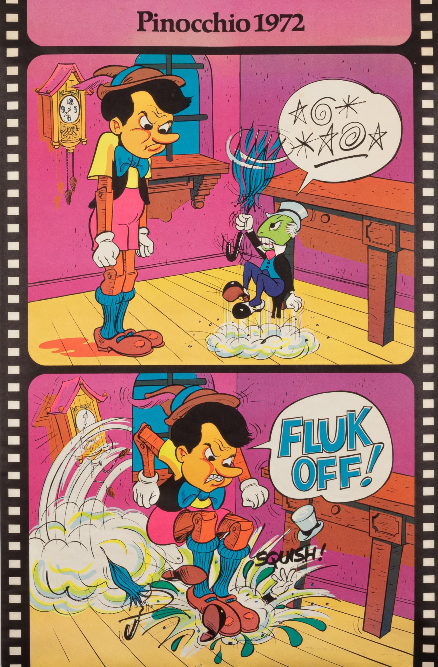 2 PSYCHEDELIC HEADSHOP POSTERS: Two original headshop posters 'The Sensuous Redneck', published 1971 Platt mtg. co. 'Pinocchio 1972', published 1972, Canterbury Posters, Milwaukee, Wisconsin. 22.5 x 34.5 inches.