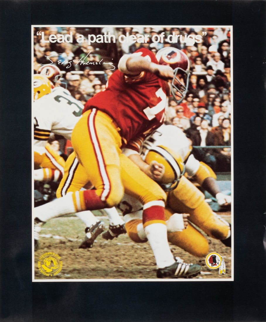 4 WASHINGTON REDSKINS ANTI-DRUG POSTERS: Four Washington redskins posters circa1970, each 15 x 18 inches: 1. Charles Taylor number 42, 'Be ready to outrun the drug tackle.' 2. Brig Owens number 23, 'Win the race against drugs.' 3. Terry Herm
