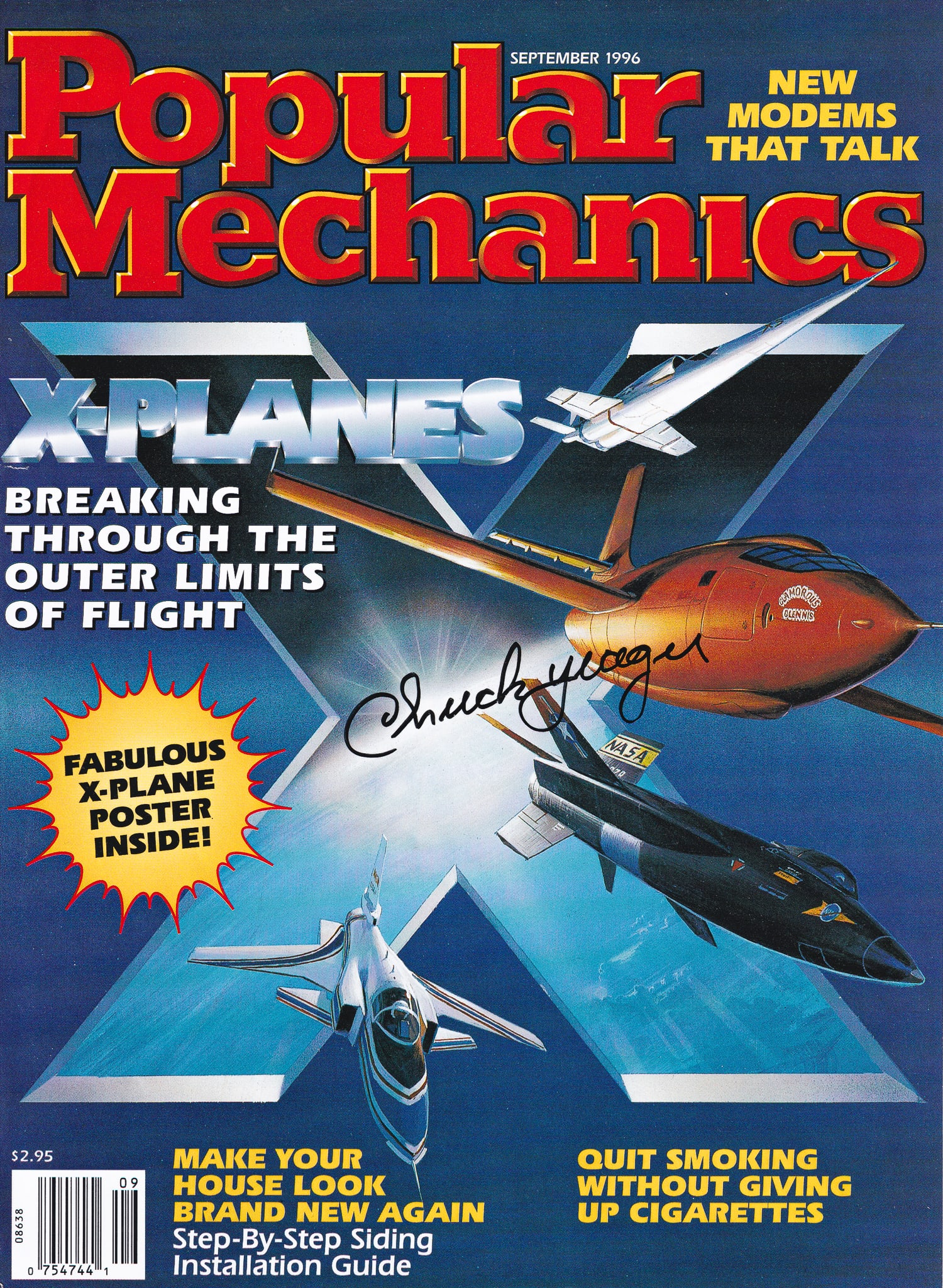 CHUCK YEAGER: (1923-2020) First confirmed pilot to break the speed of sound during a flight test, signed cover page of the Popular Mechanics magazine, September 1996. 11 x 8 in.