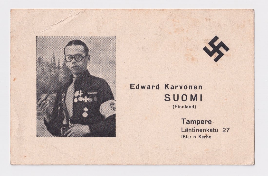 EDWARD KARVONEN FINNISH NAZI [VIHTORI KOSOLA / LAPUA]: Edward Karvonen, early Finnish Nazi sympathizer, personal calling card autographed sentiment in pencil on the backside, 'in memory from [your] Finnish battle comrade Edward Karvonen 11/9 36, Heil Hitl