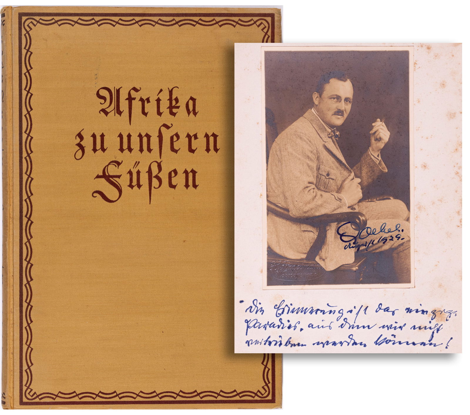 J. GOEBEL ENGINEER ZEPPELINS: Africa at our Feet [Afrika zu unsern Fussen] by German Engineer J. Goebel, Berlin, 1925. Hardsover, 130 pages, 9 x 6 in. Book about German Airship LZ 59 and LZ 101. Signed photograph and dedication on