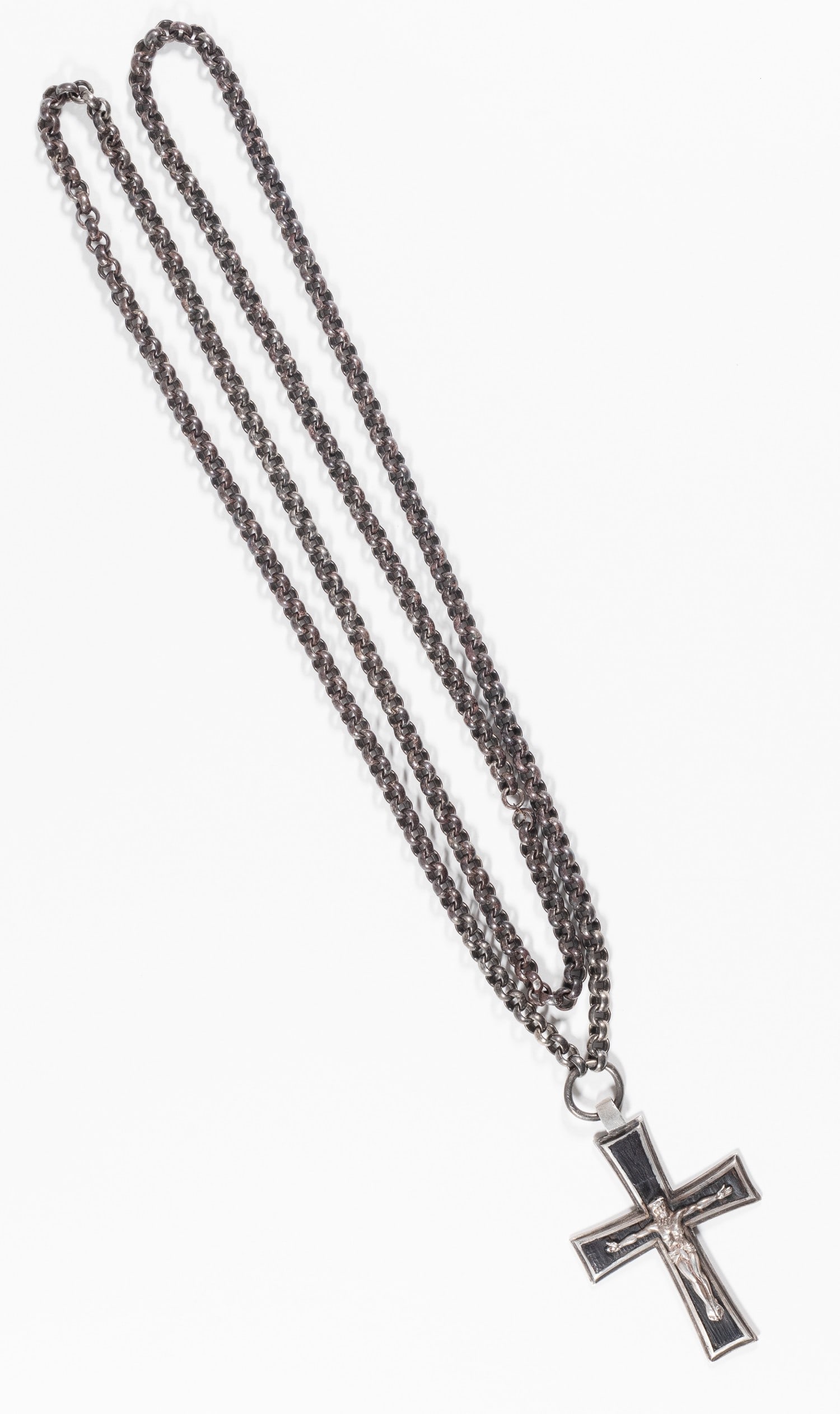 WWII WEHRMACHT CATHOLIC CHAPLAIN'S CROSS: German WWII Wehrmacht Catholic chaplain’s cross in silver, crucified body of Christ applied to a wooden cross set into a silver cross, 1.75 x 2.25 inches, with a gunmetal colored chain measuring 42 