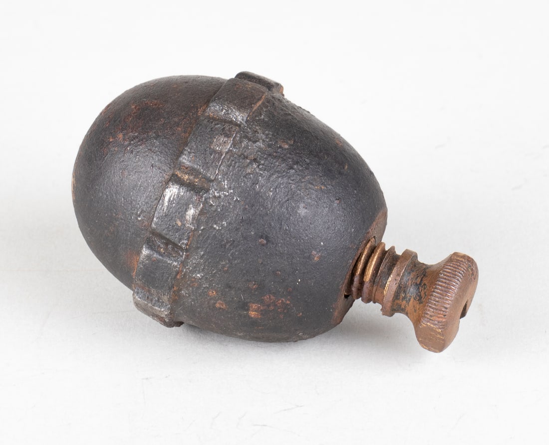 WWI GERMAN EGG GRENADE M1917 WITH FUSE: Inert Imperial German WWI Model 17 'Egg' hand grenade [Eierhandgranate] aka Kugelhandgranate, with fuse, a Mle.1917Na variant with a more pronounced raised center band. Model 17 is a small defensive a
