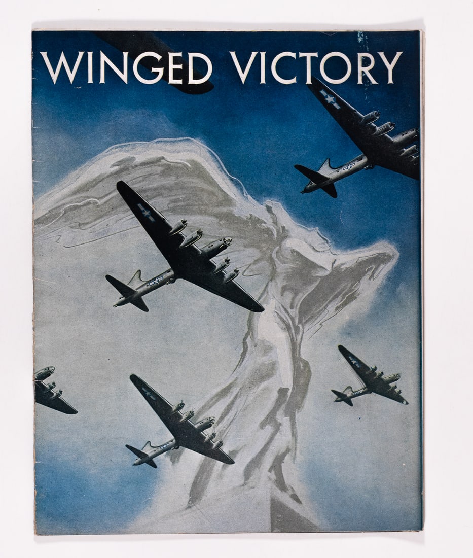 1940S WINGED VICTORY PLAYBOOK: Winged Victory, by Moss Hart, premiered November 20, 1943, and was created by the U.S. Army Air Force (AAF) in order to help boost the morale of troops and the American people. The book features detai