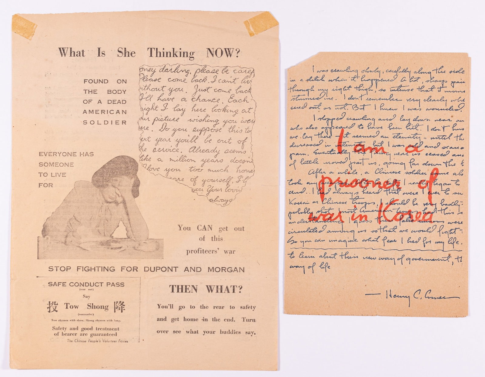 2 KOREAN ANTI-AMERICAN PROPAGANDA LEAFLETS: Two anti-American Korean War leaflets. One leaflet 'I am a Prisoner of War in Korea' by Henry C. Comer tells a story of how good the Chinese treat American soldiers. 4 pages. mailing fold, split on ma
