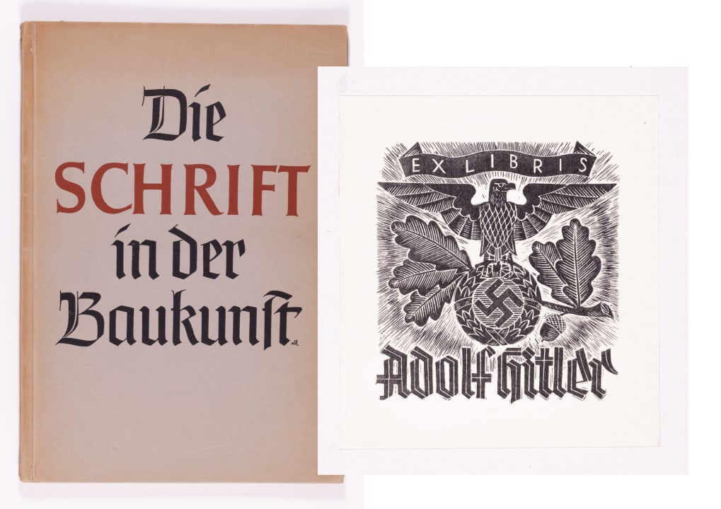 BOOK FROM HITLER'S LIBRARY: Architectural book from Adolf Hitler's library, titled 'Die Schrift in Der Baukunst' [Type in Architecture] by Professor Werner March (1894-1976), Berlin-Leipzig. The book features many photographic e