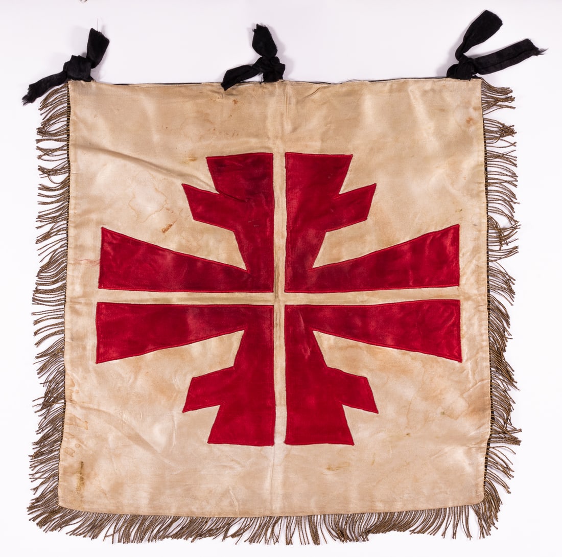 TRUMPET BANNER TURNER BUND GAU PFALZ: German Turnerbund double-sided silk trumpet banner for the Gau Pfalz, which was one of the administration units of the Nazi party. This flag features the words 'Gau Pfalz' in yellow embroidery one bla