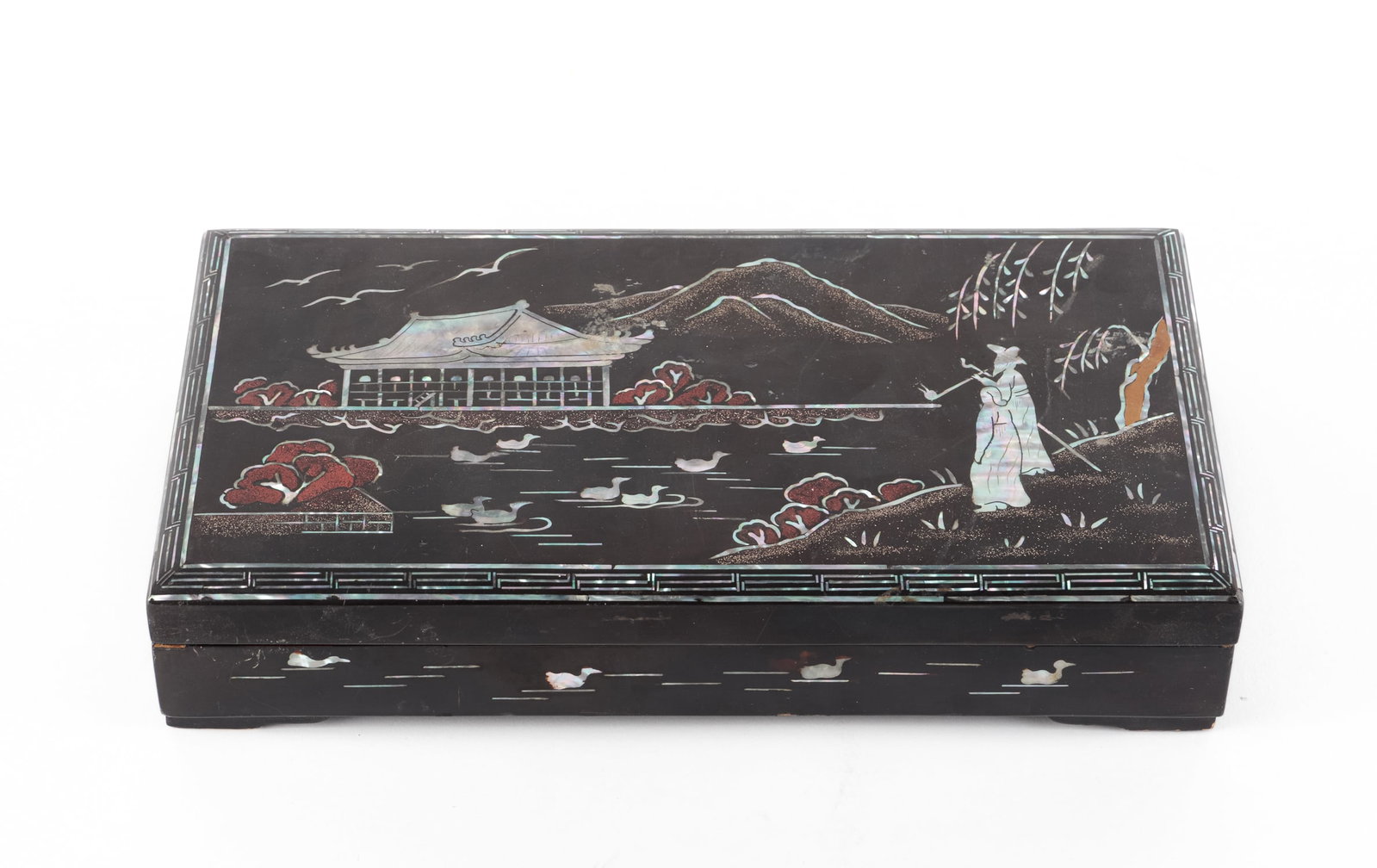 KOREAN SMOKING SET PRESENTED TO U.S. COLONEL: 1957 Asian black lacquer smoking set presented to Col. S. Katsarsky, Senior Advisor VI ROK Corps U.S. Army Advisory Group, Korea from Maj. Gen Chun Saeng Ahn, CG. 8th ROK Div. The box has an intricate