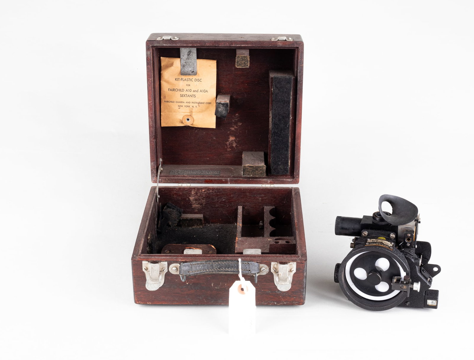 AMERICAN WWII A-10A AIRCRAFT SEXTANT: An American WWII aircraft sextant model A10A manufactured by ANSCO. The sextant was made primarily for light aircraft use. Included is a wooden carrying case with a kit-plastic disc inside of the case