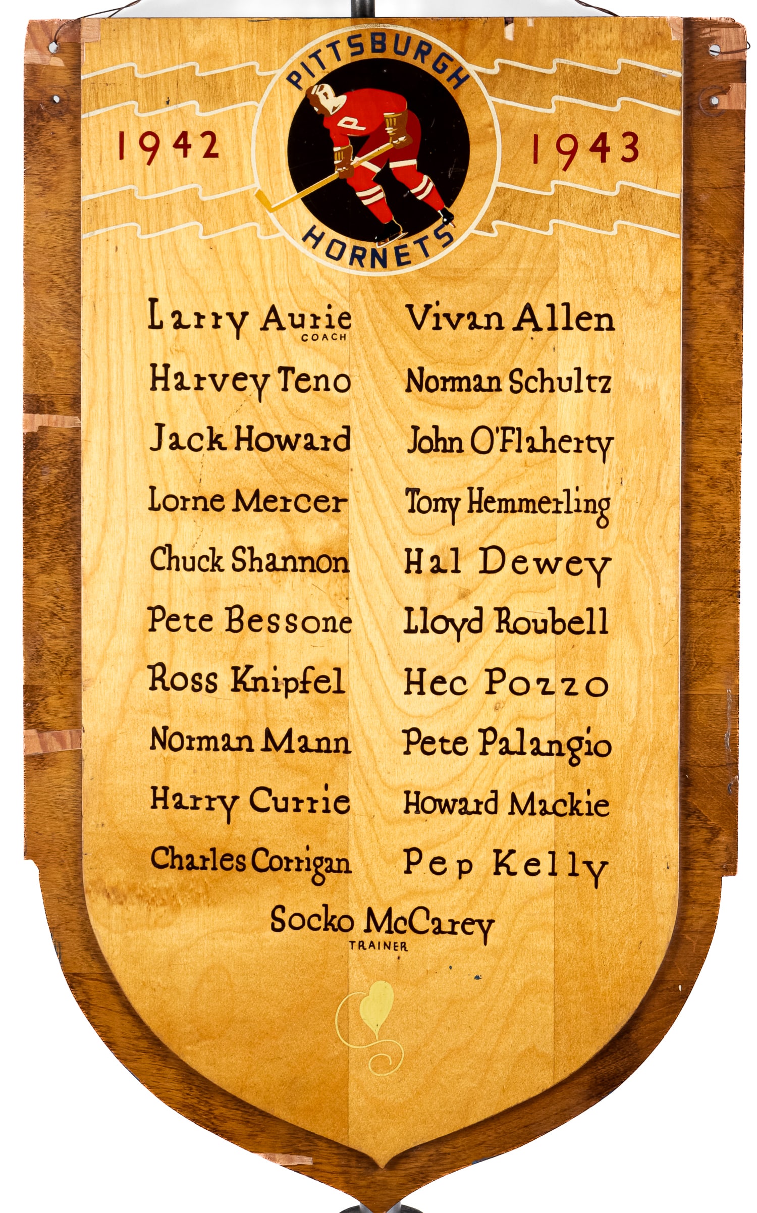 1943 PITTSBURGH HORNETS WOODEN PLAQUE: 1942 -1943 Pittsburgh Hornets wooden plaque with the names of the players and coach. 18 x 30 inches