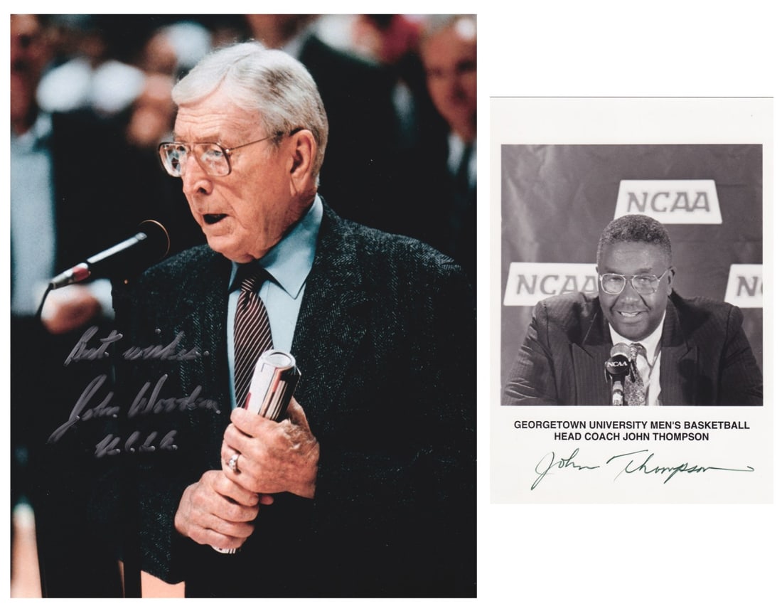 JOHN WOODEN & JOHN THOMPSON: Two signed basketball coaches photographs, includes JOHN WOODEN (1910 - 2010) American basketball player and head coach for the UCLA Bruins. 8 x 10 inch color photograph signed in silver ink 'Best wis