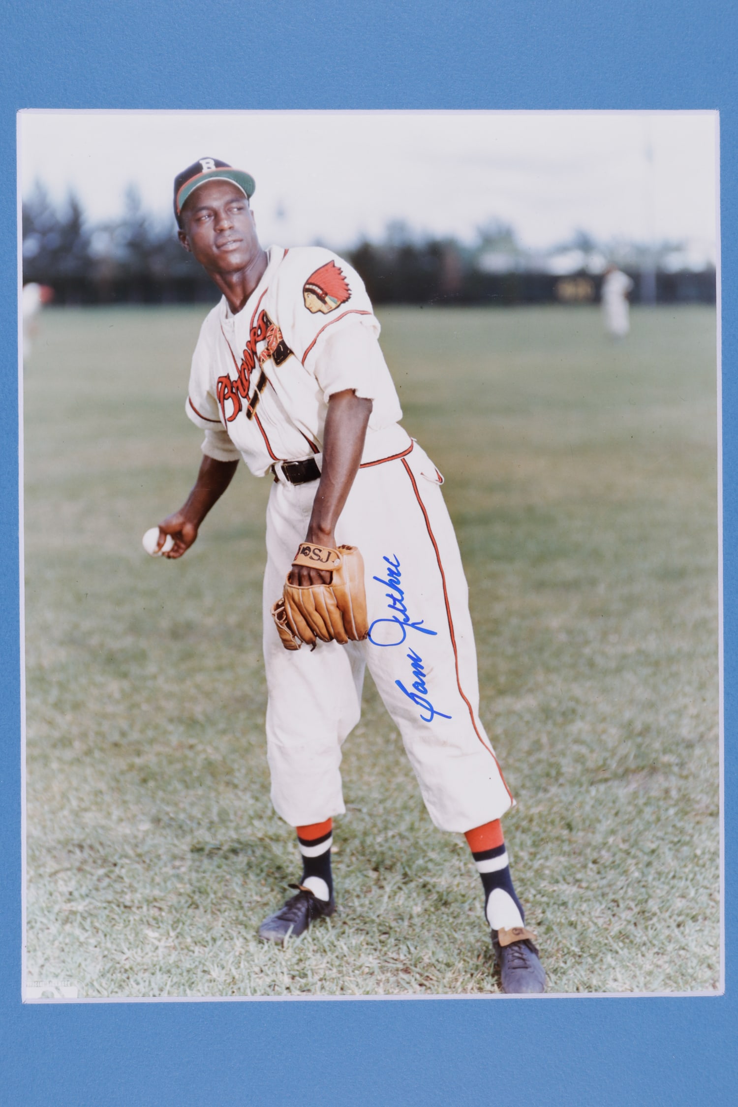 SAM JETHROE: (1917-2001) Signed photograph by Negro and Major League player Sam Jethroe. Jethroe was a center fielder for the Indianapolis ABCs and Cleveland Buckeyes in the Negro League and the Boston Braves and 