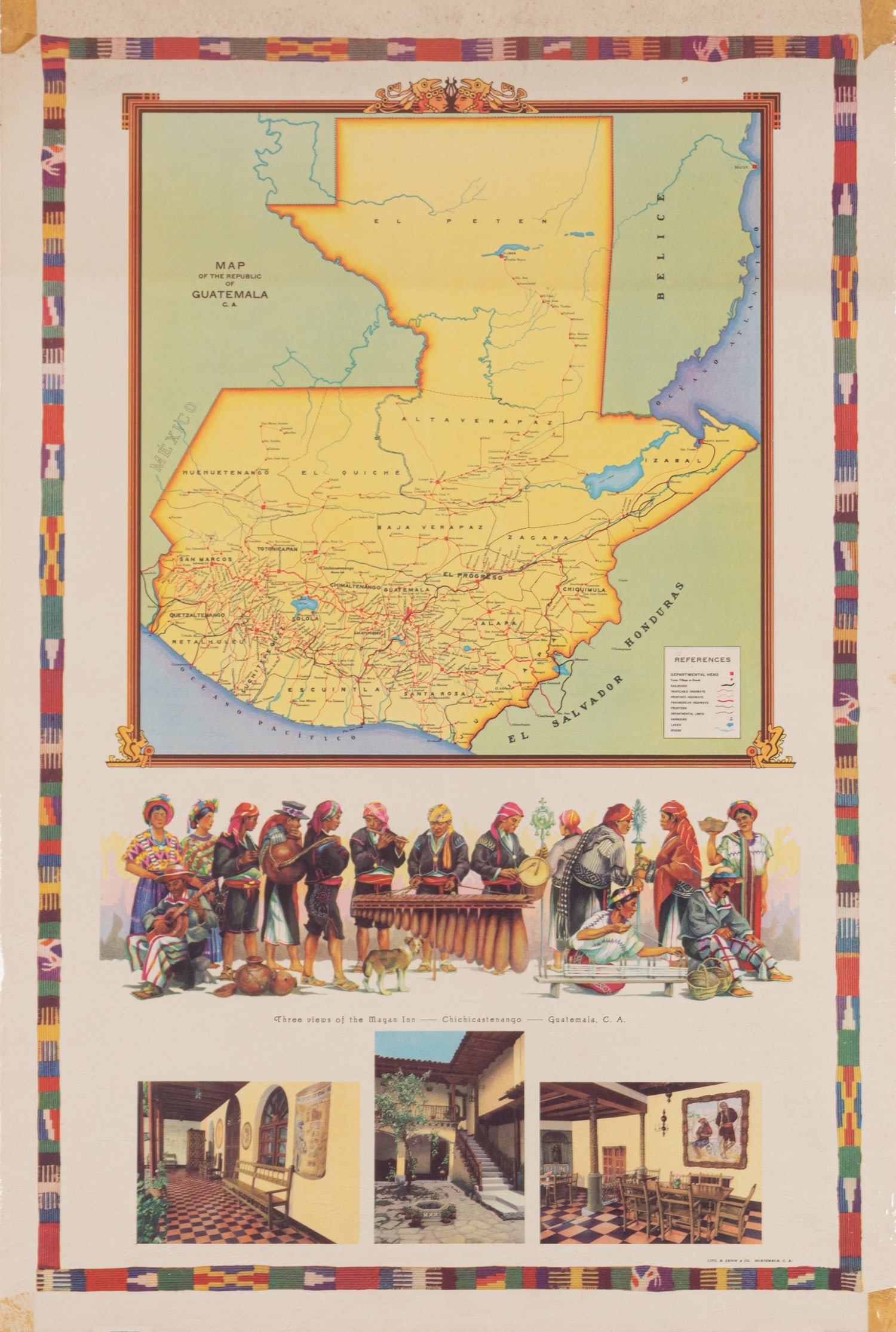 GUATEMALA MAP TRAVEL POSTER: Guatemala travel poster with a tourism map and vignettes of the Mayan Inn in Chichicastenango, Guatemala. Lito B. Zadik & Co. Guatemala, no date. Original offset print on textured paper, tape remnants
