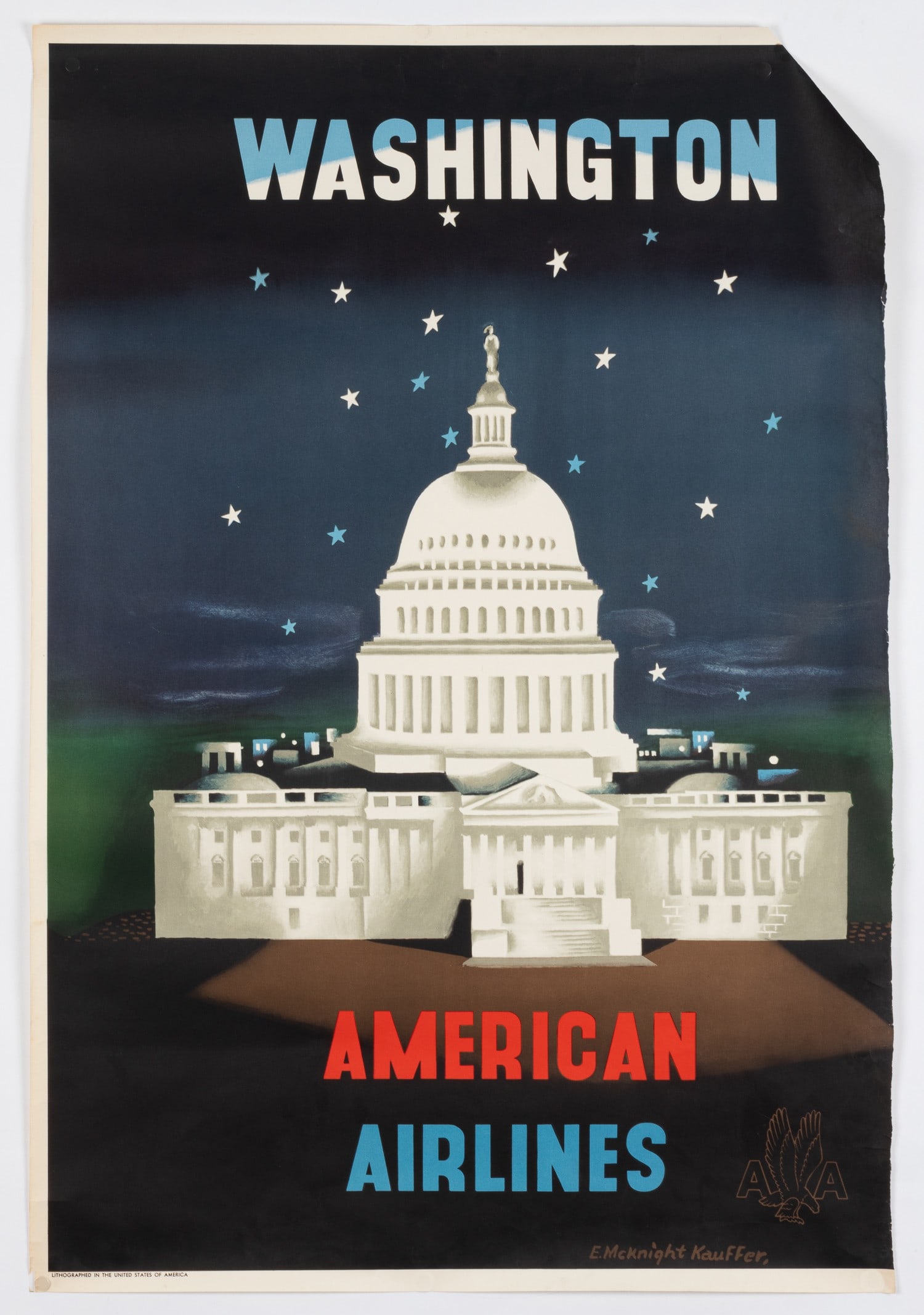 VINTAGE AMERICAN AIRLINES POSTER: Original American Airlines poster advertising travel to Washington D.C., 1940's. Artwork by Edward McKnight Kauffer (1890-1954). Loss of top right corner and trimmed at right margin. 27 x 40 inches.