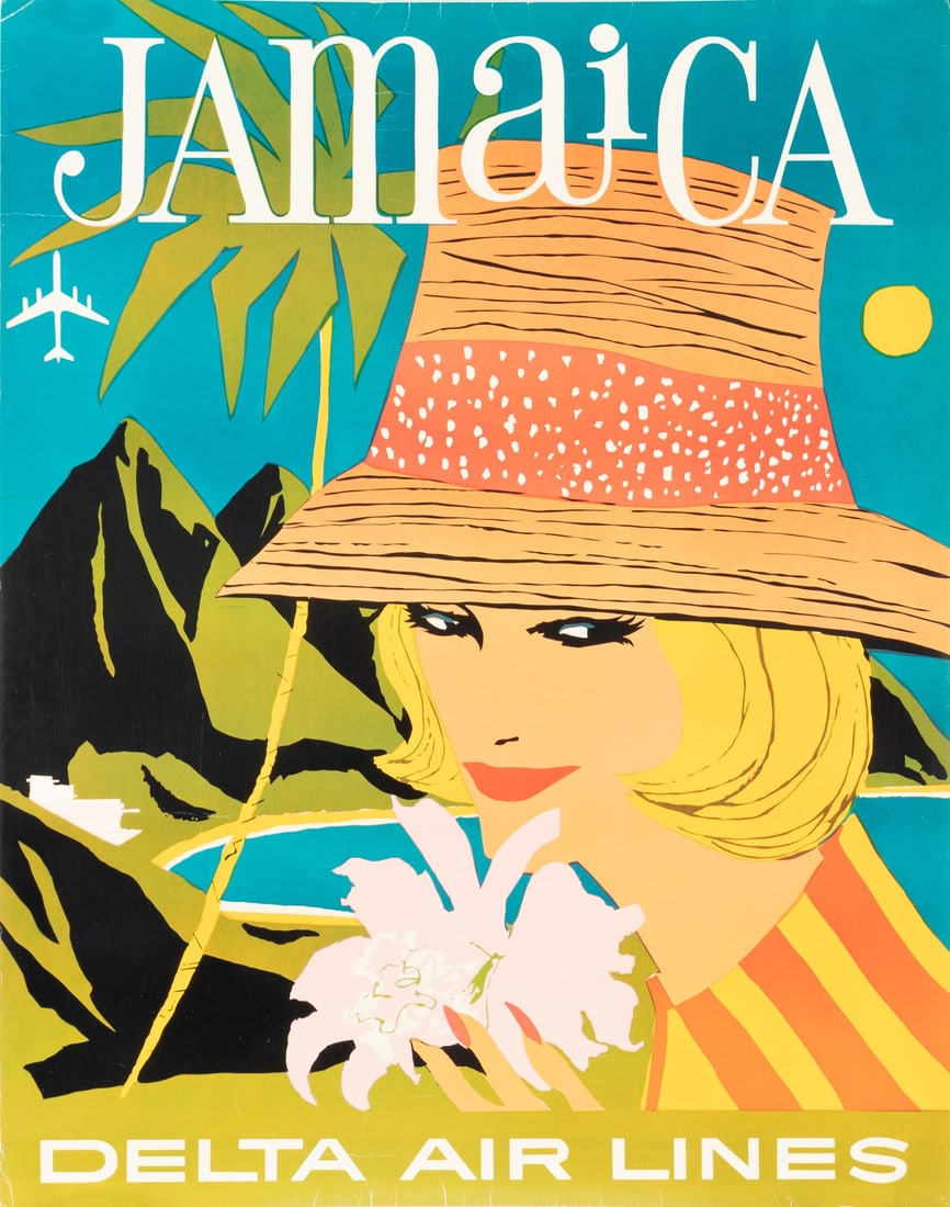 JAMAICA DELTA AIR LINES TRAVEL POSTER: Original Jamaica - Delta Air Lines travel poster, circa 1960's, printed on heavy paper. Top left corner creased with light creases at top and bottom edges, light creases at bottom left edge. 22 x 28 i
