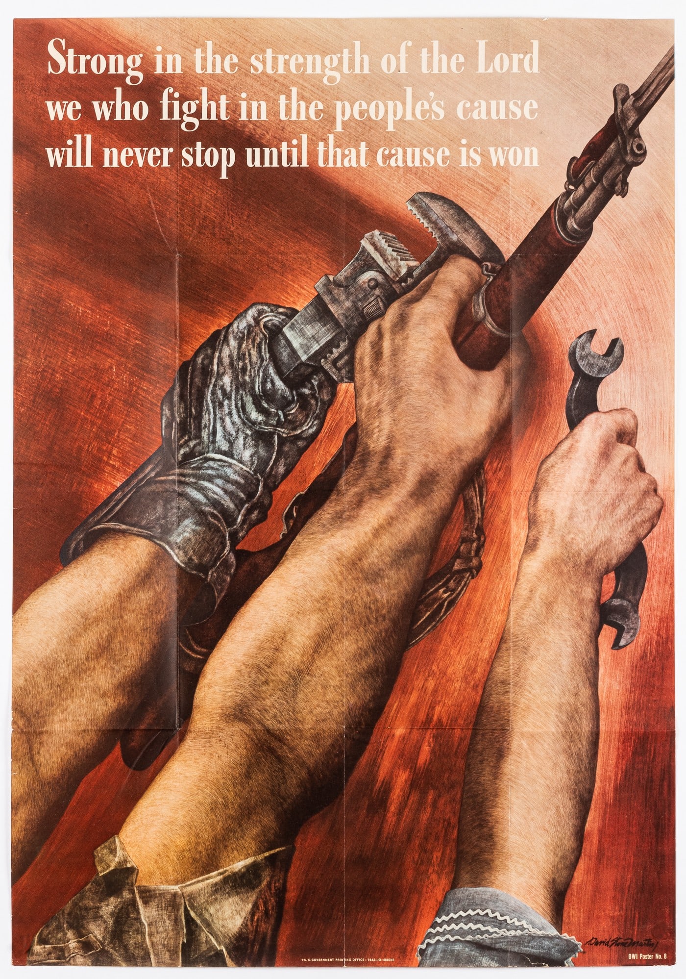 WE WHO FIGHT IN THE PEOPLES CAUSE POSTER WWII POSTER: 'Strong in the strength of the Lord we who fight in the people's cause will never stop until that cause is won', artwork by David Stone Martin (1913-1992), OWI Poster No. 8, U.S. Government Printing O