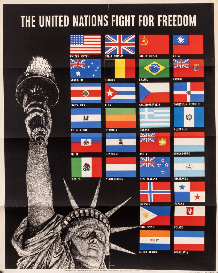 UNITED NATIONS FIGHT FOR FREEDOM WWII POSTER BY STEVE BRODER: Original WWII American poster 'United Nations Fight for Freedom', artwork by Steve Broder (1906-1992), OWI Poster No. 19, U.S. Government Printing Office 1942-O-498304, 22 x 28 inches. Mailing folds a