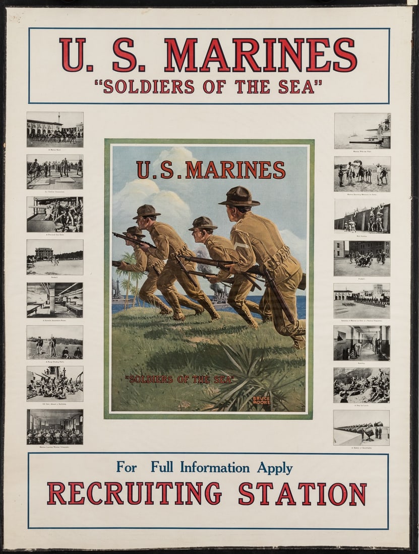 U.S.MARINES SOLDIERS OF THE SEA WWI POSTER BY BRUCE MOORE: WWI American U.S. Marine Corps recruitment poster 'U.S. Marines - Soldiers of the Sea', artwork by Bruce Moore, 1917. Poster is sandwiched between cardboard and acetate, poster is not mounted. Ships f