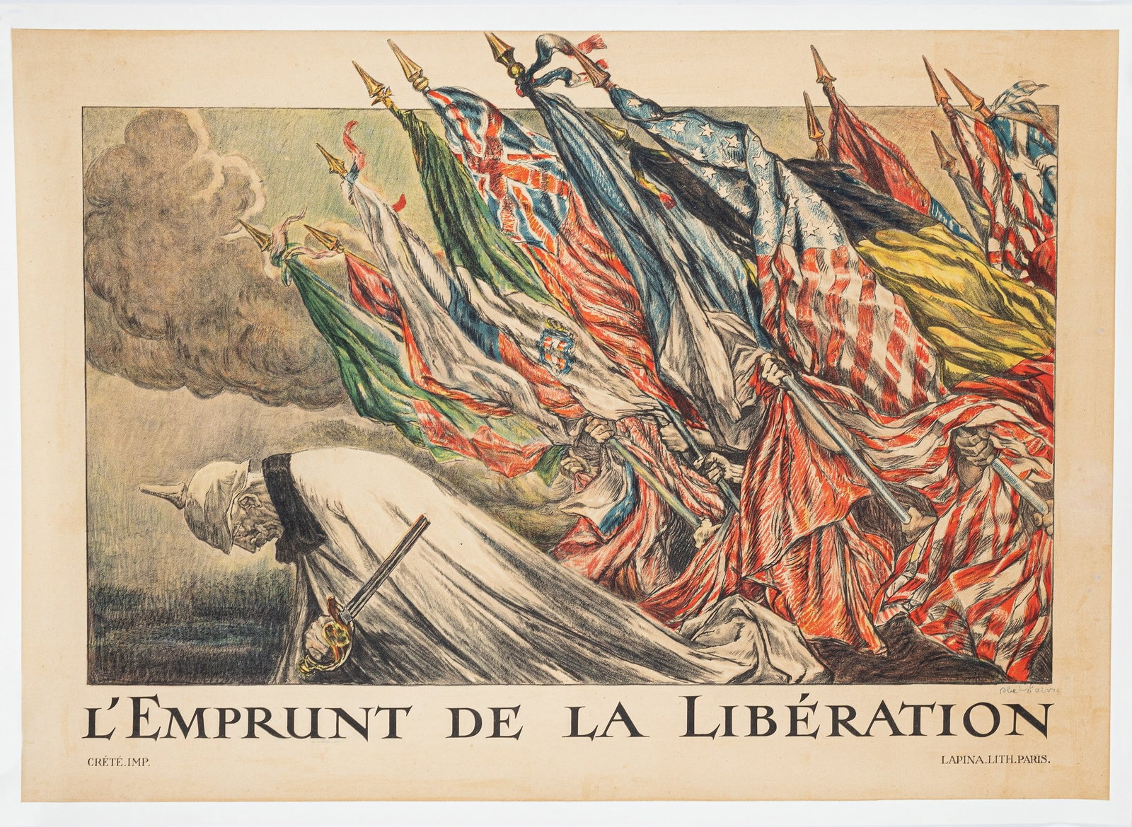 L'EMPRUNT DE LA LIBERATION BY ABEL FAIVRE: Original WWI French poster, 'The Liberation Loan' [L'Emprunt De La Liberation], 1910, artwork by Abel Faivre (1867-1945), Lapina Lith. Paris. Linen-backed, 1910, 46.75 x 33.75 inches.