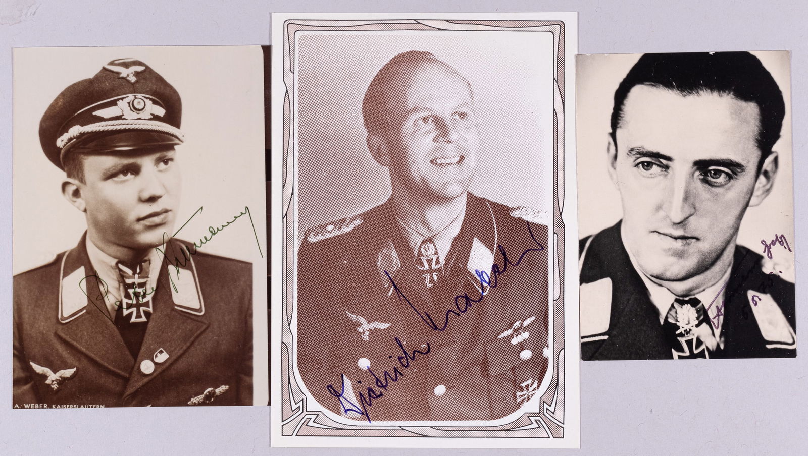 3 LUFTWAFFE ACES KNIGHTS CROSS RECIPIENTS: Three signed photographs of German Luftwaffe aces and Knight's Cross recipients, includes HERMANN GRAF signed twice, front and back, PETER DUTTMANN, and DIETRICH HRABAK. Approx. 4 x 5 inches each, wit