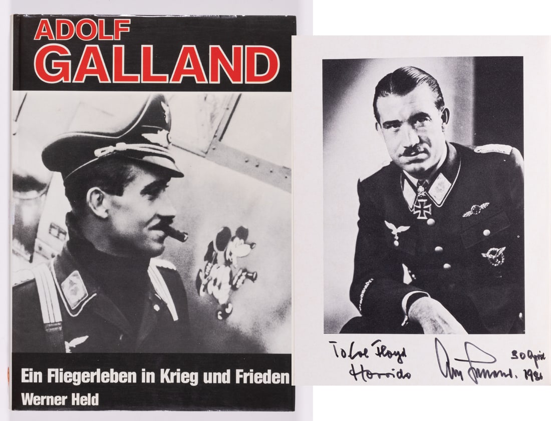 ADOLF GALLAND: (1912-1996) German WWII Luftwaffe general, fighter ace, and Knight's Cross recipient. Signed copy of 'Adolf Galland', by Werner Held, 1983. Signed by Galland under his picture on the 3rd page, with me