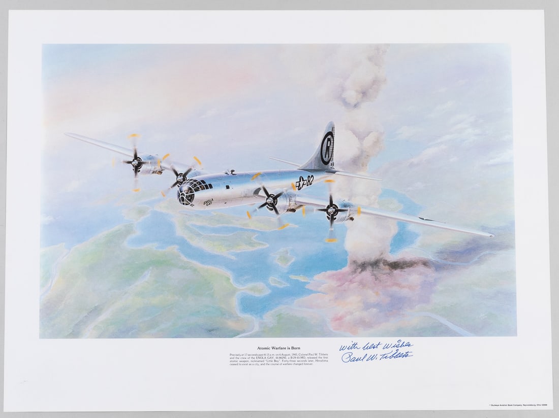 PAUL TIBBETS ENOLA GAY SIGNED POSTER: (1915-2007) American Bomber Pilot who flew the B-29 Superfortress known as the Enola Gay when it dropped Little Boy, the first of two atomic bombs used in warfare, on the Japanese city of Hiroshima on