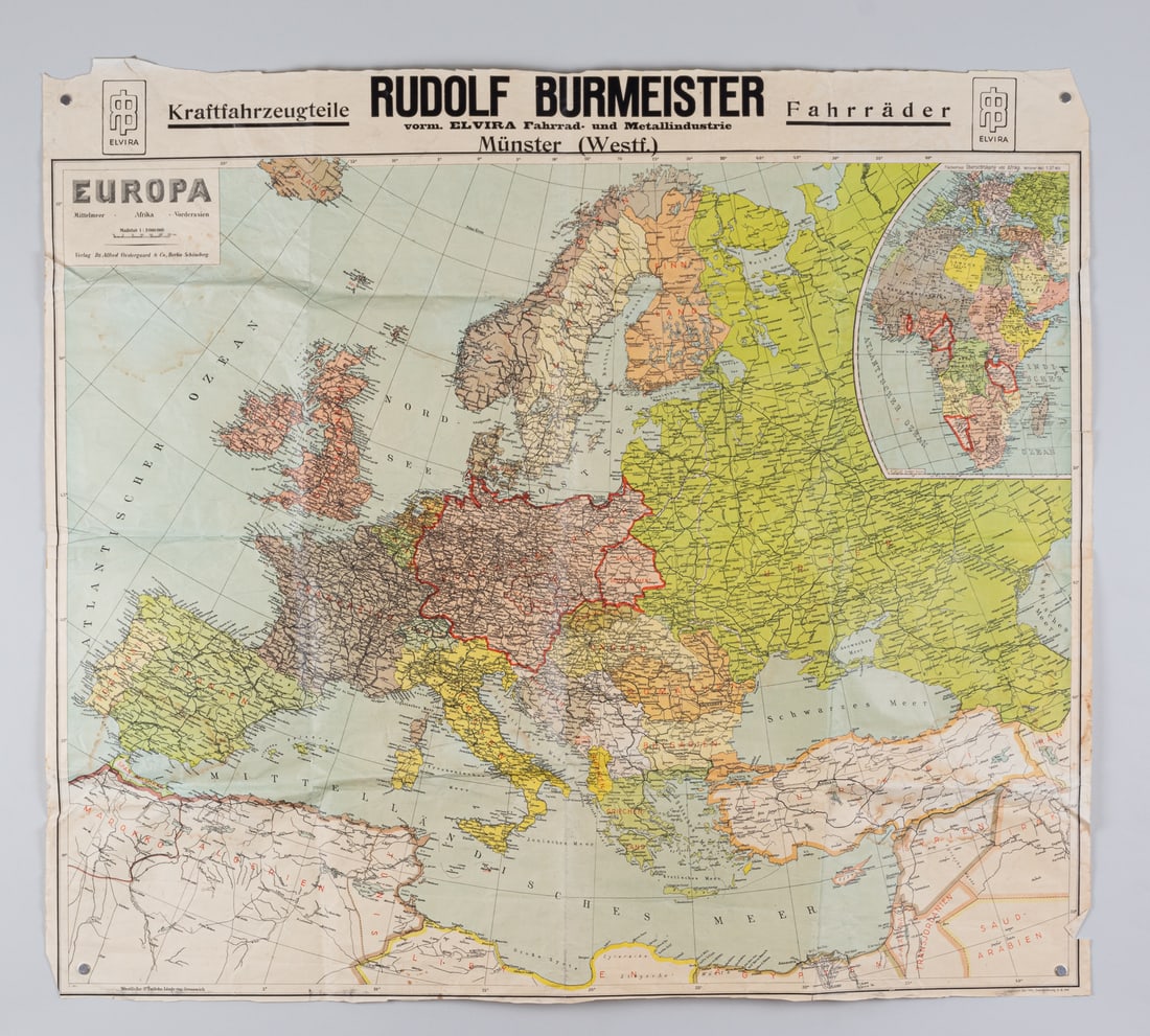 LARGE GERMAN MAP OF EUROPE AND MIDDLE EAST: Large German map of Europe and the Middle East, with insert of Africa on the right. By Rudolf Brumeister, 1941, supplemental map. Tears in the margins, mailing folds, minor dampness stains, tape repai